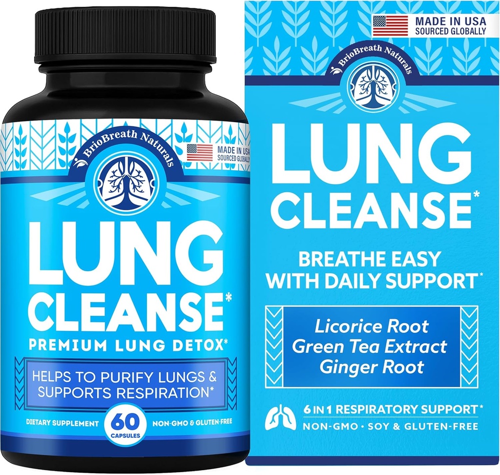 Suplemento de soporte pulmonar - cápsulas naturales para limpieza pulmonar y desintoxicación - Hecho en EE.UU. - Sistema respiratorio; Mucus Clear - Suplemento vegano para desintoxicación pulmonar; apoyo respiratorio - 60 cápsulas