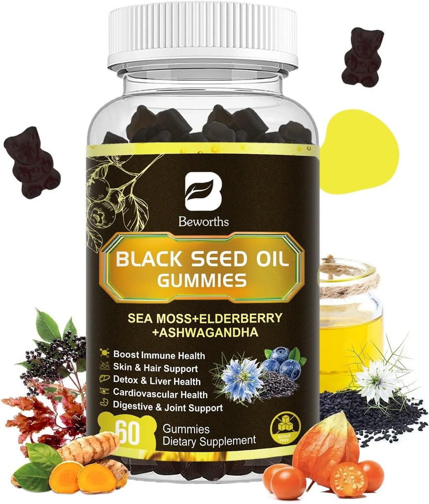 Black Seed Oil &amp; Sea Moss Gummies ← Irish Sea Moss Gummy with Ashwagandha, Black Seed Oil, Elderberry, Turmeric, Vitamin D3, C, Zinc - Support Immunity, Joints, Digestion, Hair Growth - 60