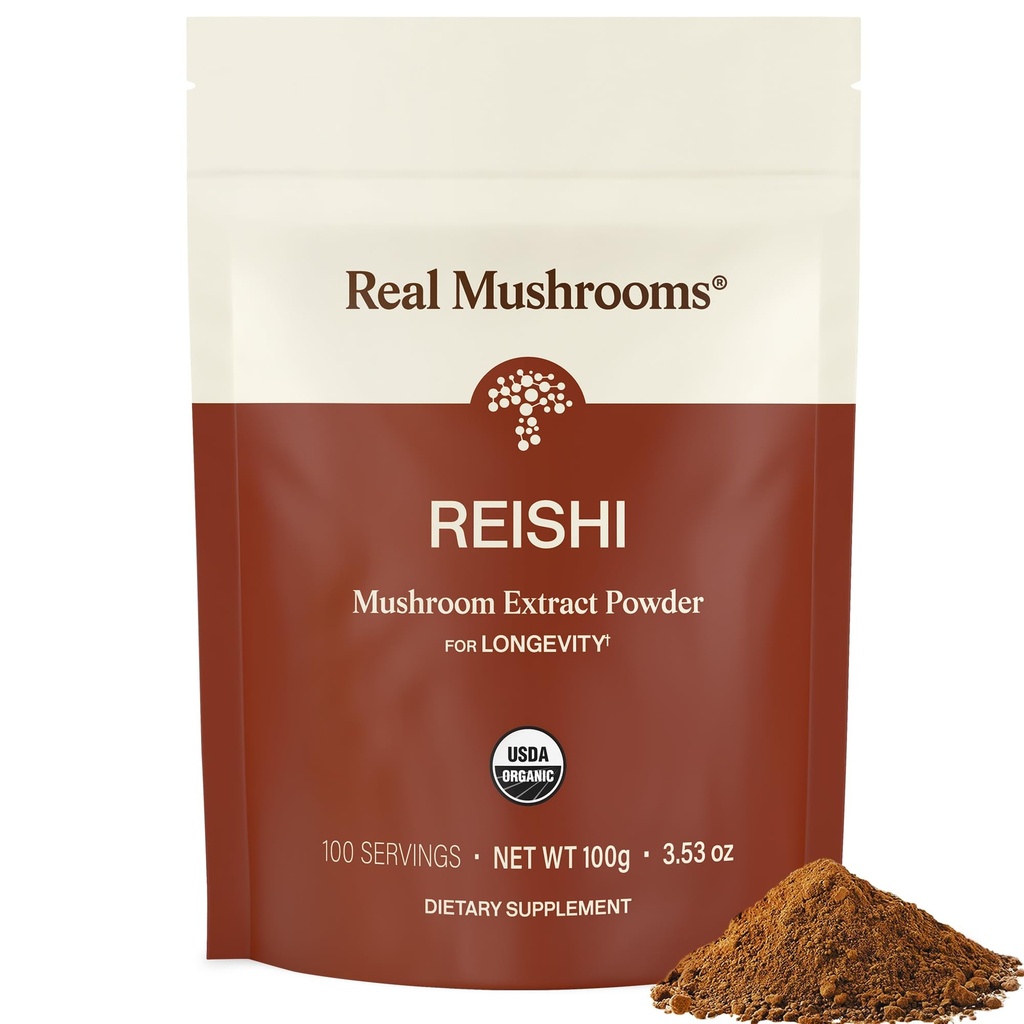 Real Mushrooms Reishi Mushroom Powder - Extractos de setas orgánicas manipulados - Red Reishi for Tranquil Daily Wellness with Verified Beta Glucans Vegan, Non-GMO, No Grain Fillers, 100 Servings