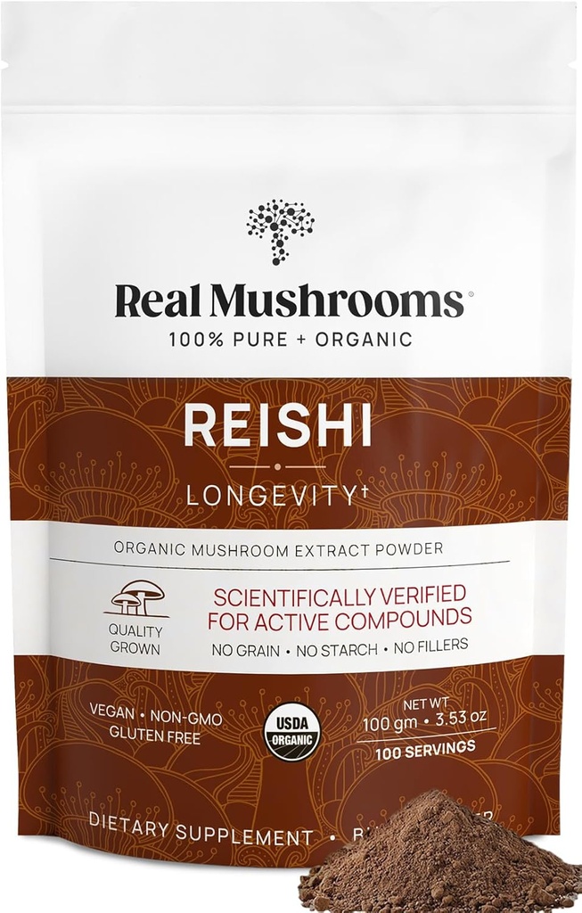 Real Mushrooms Reishi Mushroom Powder - Extractos de setas orgánicas manipulados - Red Reishi for Tranquil Daily Wellness with Verified Beta Glucans Vegan, Non-GMO, No Grain Fillers, 100 Servings