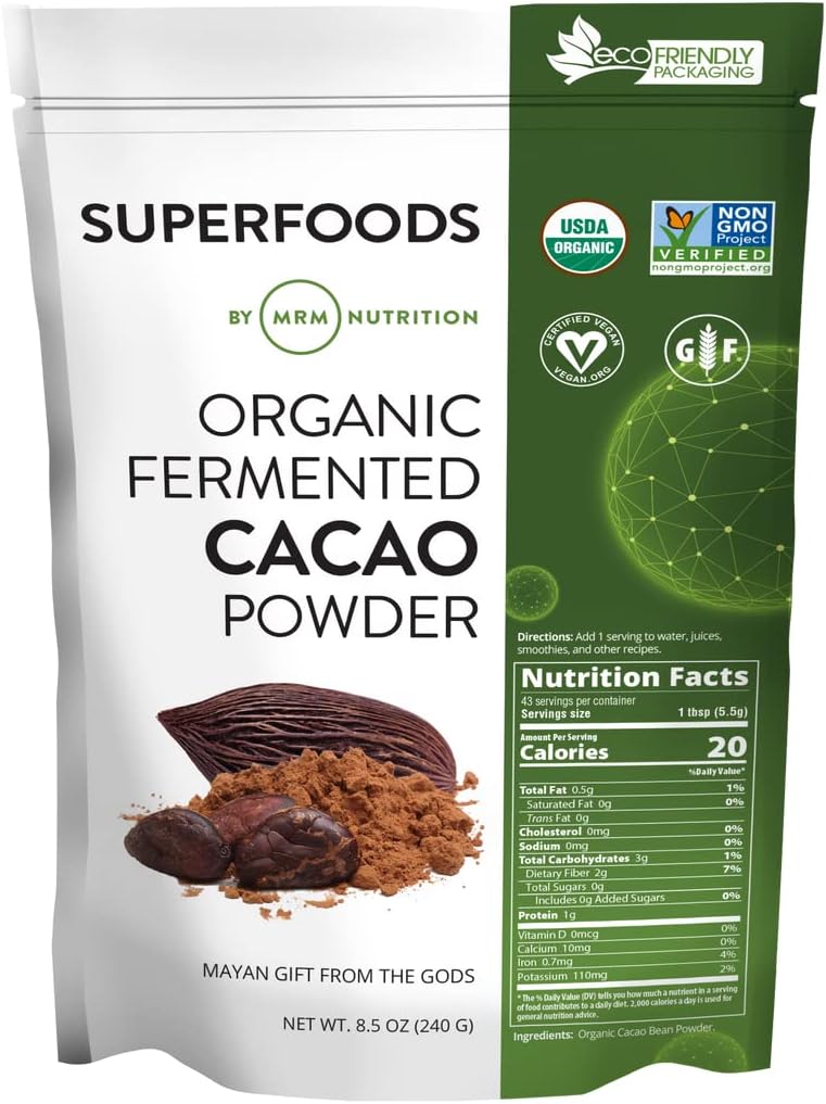 MRM Nutrición Orgánica Fermented Cacao Powder ← Superfood TEN Antioxidant-rich TEN Gluten free + vegan TEN 43 porciones