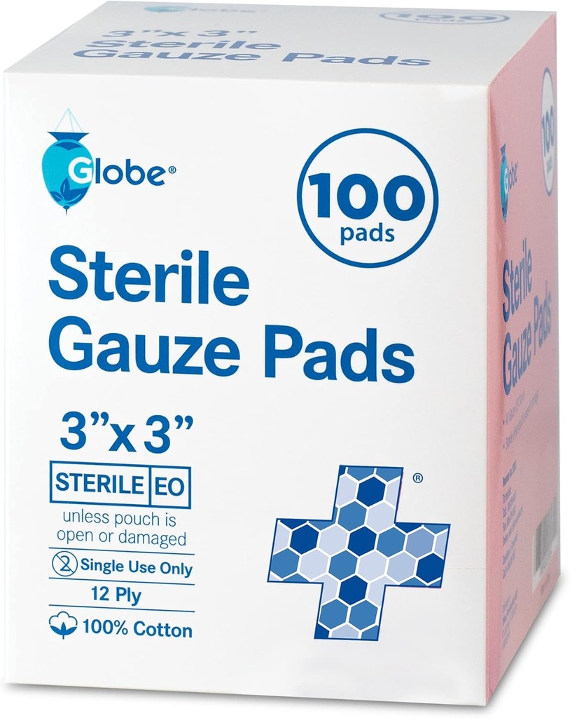 Globe 3' x 3'' Advanced Sterile Gauze Pads, 100-Pack Empaquetado individualmente - 12-Ply Cotton for Wound Care Dressing, Highly Absorbent Bandages for Home " Emergency Use - Travel " First Aid Kit Essential