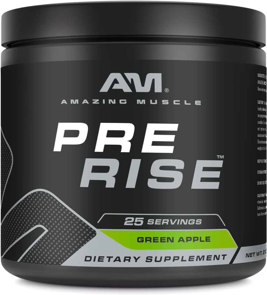 Sorprendente Muscle Pre Rise ← Pre-Workout Powder Suplemento con Caffeine " Beta-Alanine para Hombres " Las mujeres vivieron 25 Servimientos (25 Servimientos, Manzana Verde)