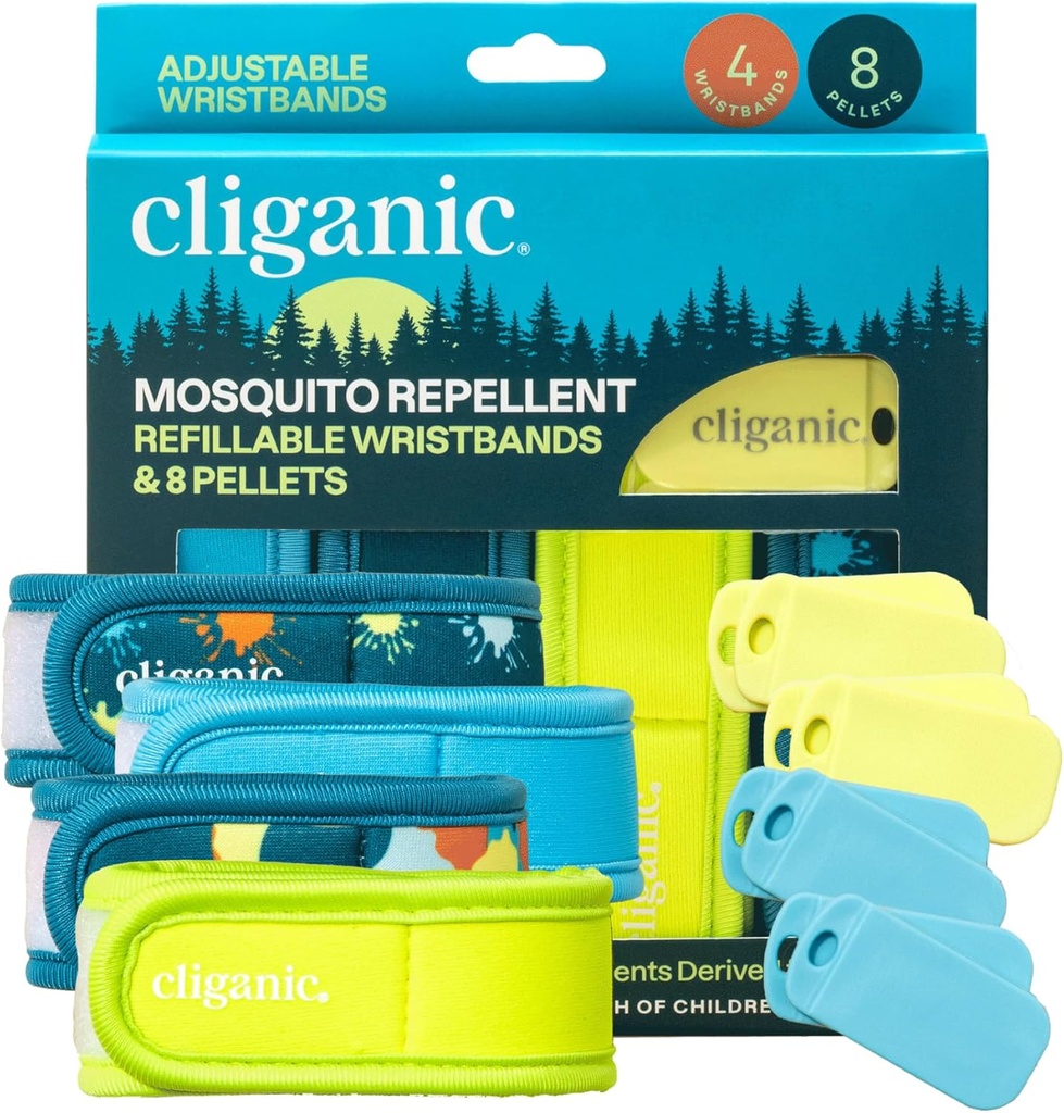Cliganic Mosquito Repellent Pack (4 Wristbands + 8 Pellets Refill) - Ajustable, Natural DEET-Free, Essential Oil Infused