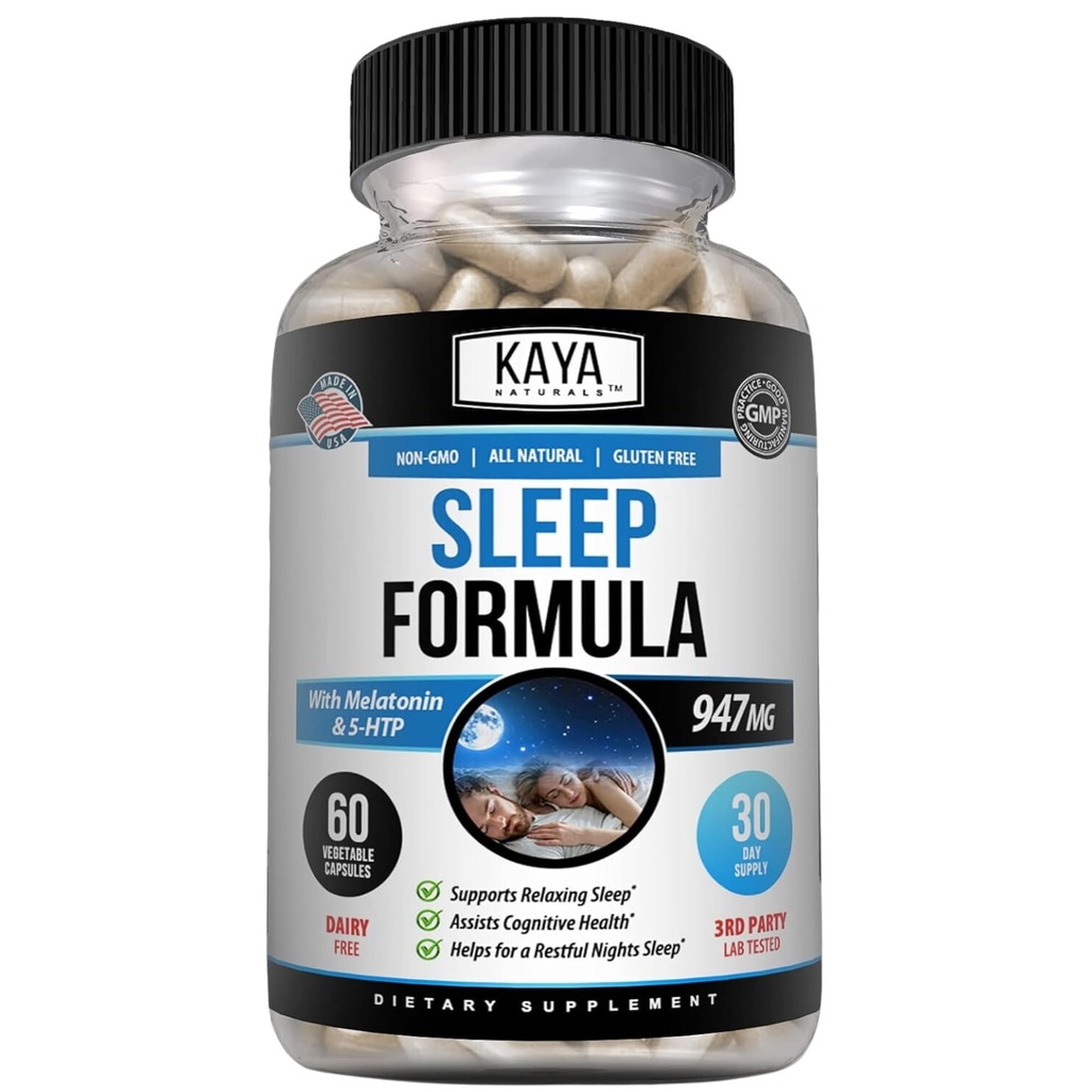 Kaya Naturals - Apoyo al sueño Fórmula con Melatonina - Ayuda Suplemento de vitaminas - Estrés del sueño y soporte de humor - L-Tryptofan, Flores de Pasión, Ashwagandha y Más - 60 cápsulas (60 cuenta)