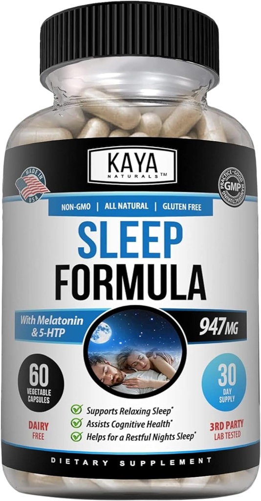 Kaya Naturals - Apoyo al sueño Fórmula con Melatonina - Ayuda Suplemento de vitaminas - Estrés del sueño y soporte de humor - L-Tryptofan, Flores de Pasión, Ashwagandha y Más - 60 cápsulas (60 cuenta)