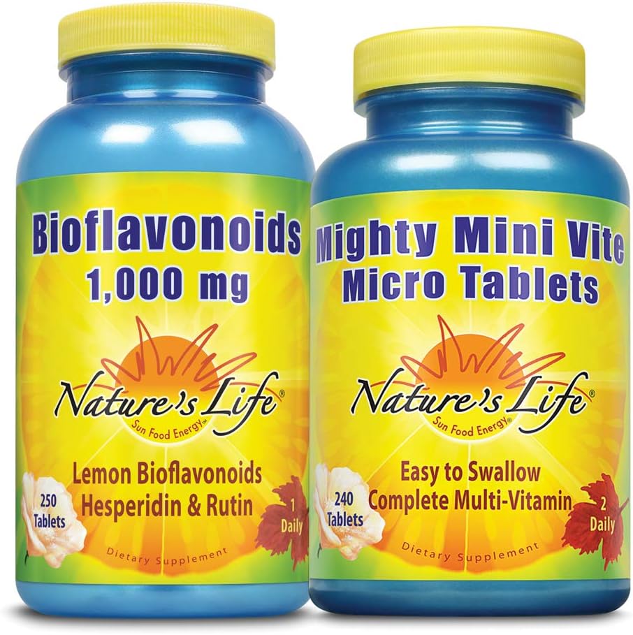 Vida de la Naturaleza Bioflavonoides Lemon 1000mg &amp; Mighty Mini Vite Bundle Immune &amp; General Health Support tención 250ct, 240ct