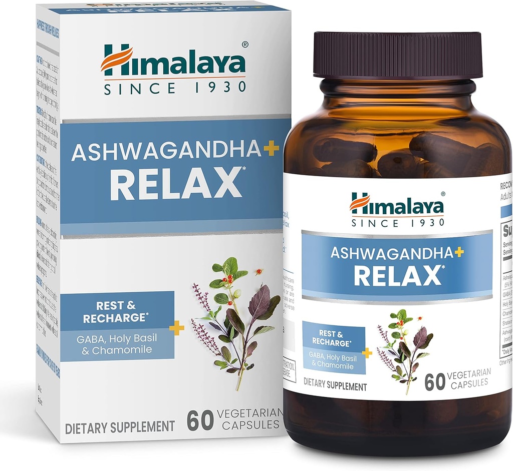 Himalaya Ashwagandha+ Relájate, con GABA, Holy Basil " Chamomile for Reset, Relax " Stress Relief, Vegan, Gluten Free, 540 mg, 60 cápsulas vegetarianas, 1 mes de suministro