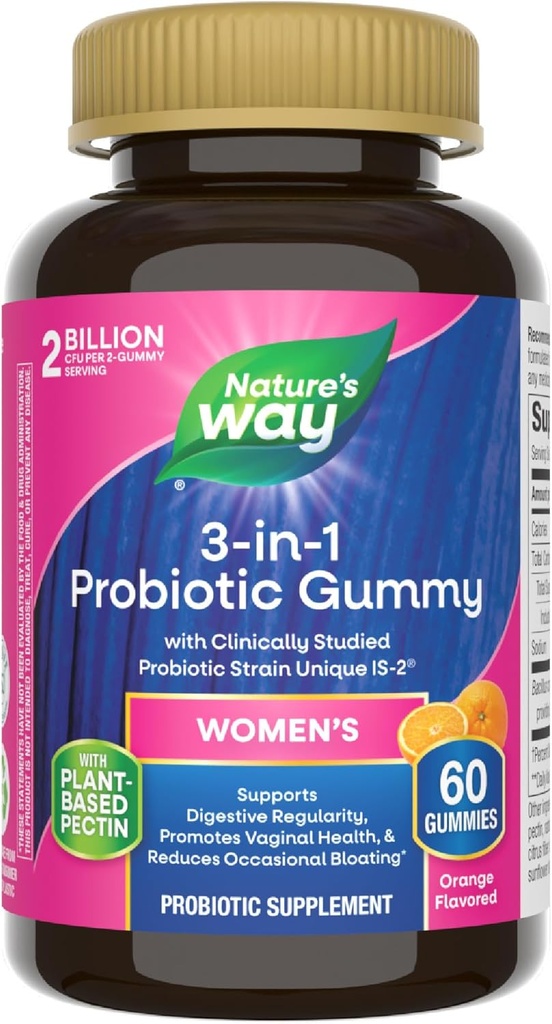 Camino de la Naturaleza 3-en-1 Las Gummies Probióticas de las Mujeres, Reduce el Bloating Ocasional*, soporta la salud digestiva y vaginal*, el Strain Probiótico Estudiado Clínicamente, Gratuito, Saborado Naranja, 60 Gummies