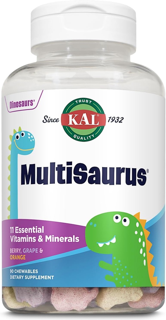 KAL MultiSaurus Kids Chewable Multivitamins, 11 Vitaminas y Minerales Esenciales para Niños, Berry, Grape, Naranja Chewables, Gluten y Fructose Gratis, 90 Servings, 90 Chewables Dinosaurio-Shaped