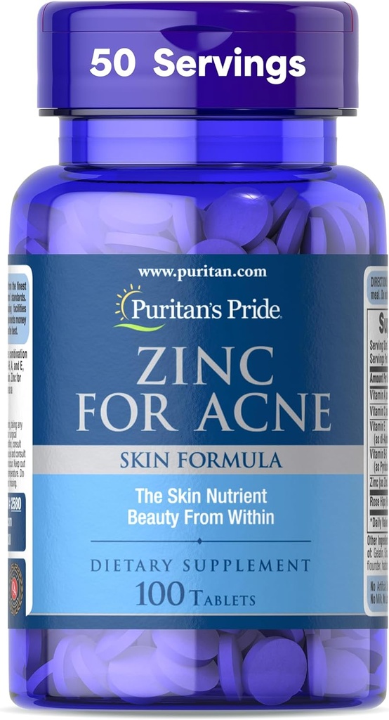 Zinc Pride de Puritan para Fórmula de Esquí de Acné con Vitaminas C, B-6, A y E para Hombres y Mujeres, Suplemento dietético para la Esquía Limpia, Sistema Inmune, División Celular y Apoyo al Crecimiento, 100 Tabletas