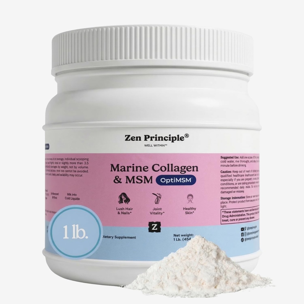 Principio Zen Peptides de Collagen Marino Polvo con OptiMSM® Suplemento. Prueba clínicamente para soporte de piel. Pescado salvaje, no OGM. Container 16 oz