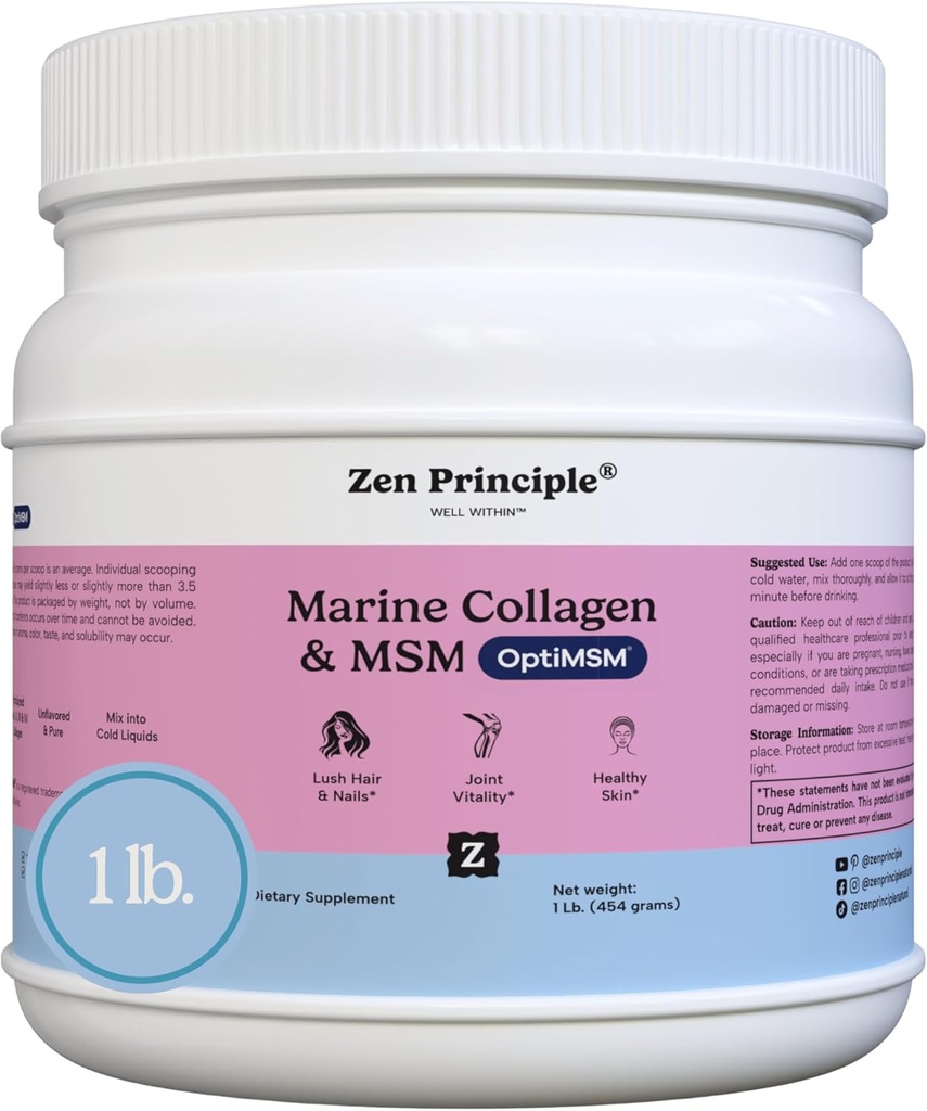 Principio Zen Peptides de Collagen Marino Polvo con OptiMSM® Suplemento. Prueba clínicamente para soporte de piel. Pescado salvaje, no OGM. Container 16 oz