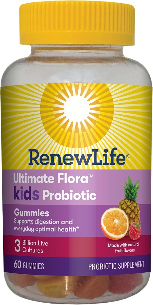 Renew Life Kids Probiotic Gummies, Daily Supplement Supports Total Health and Optimal Digestion, Dairy and Soy Free, 3 Billion CFU, 60 Count