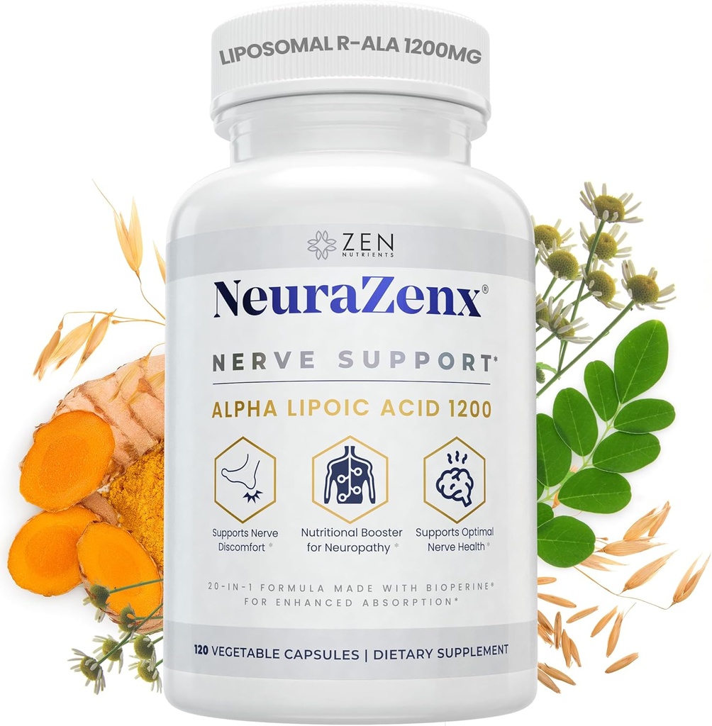 Zen Nutrients NeuraZenX Nerve Support & Peripheral Neuropathy Support Supplement with 1200mg Alpha Lipoic Acid (ALA), Benfotiamine, L-Carnitine y Turmeric