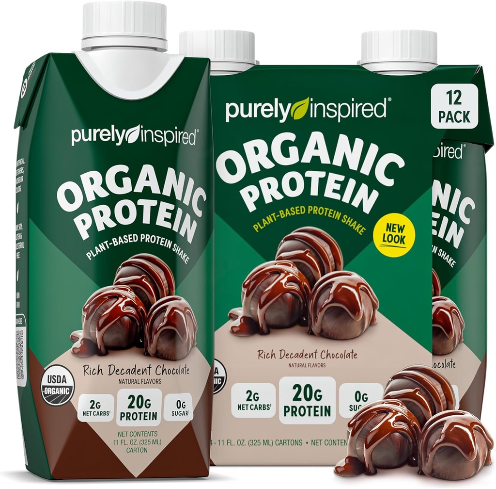 Puramente Inspirado Listo para beber afeitado de proteína orgánica, Chocolate decadente (12 Pack) - Bebidas de proteínas nutricionales basadas en plantas - Zero-Sugar &amp; Gluten-Free Meal Replacement Drink Liquid Protein