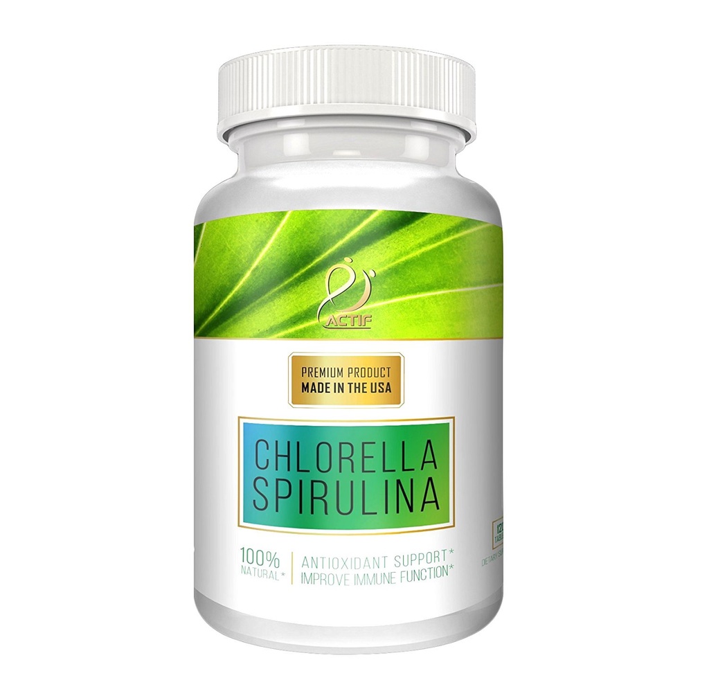 ACTIF 100% Ocean Cleaned Organic Chlorella and Spirulina, Non-GMO, Best Detox and Vegan Diet Supplement, Made in USA - 120 Tablets