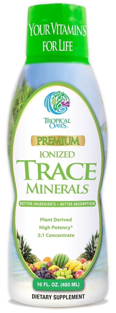 Oasis Tropicales - Minerales de Traza Ionizada Premium Fórmula Líquida- 74 minerales esenciales en forma líquida para hasta 96% Absorción - 16 oz, 32 porciones