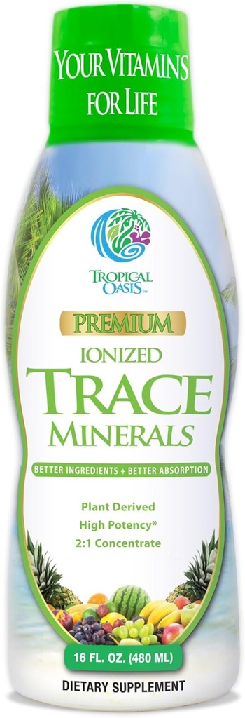 Oasis Tropicales - Minerales de Traza Ionizada Premium Fórmula Líquida- 74 minerales esenciales en forma líquida para hasta 96% Absorción - 16 oz, 32 porciones