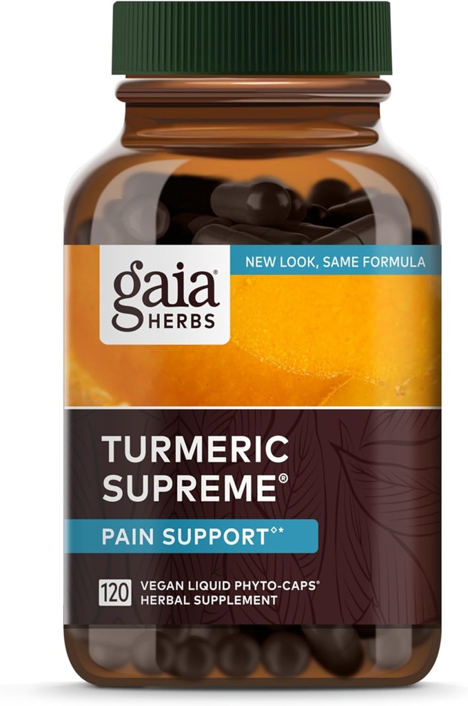 Gaia Herbs, Dolor Supremo Turmérico, Suplemento de Dolor Herbal con Curcuminas, cápsulas líquidas Vegan, 120 Conde