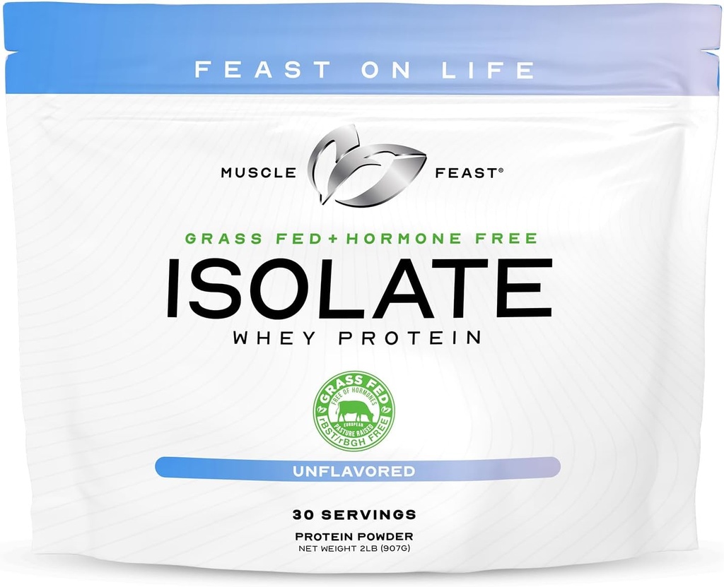 Muscle Feast Grass-Fed Whey Protein Isolate, All Natural Hormone Free Pasture Raised, Whey Isolate Protein Powder for Hombre and Women, Clean, Non-GMO & Gluten-Free Isolate Protein - Unflavored, 2lb