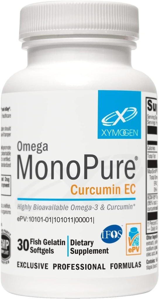 XYMOGEN Omega MonoPure Curcumin EC - Fish Oil with Enhanced DHA EPA Absorción + Extracto Turmérico - Omega-3 Suplemento para Cytokine Balance Support (30 Softgels)