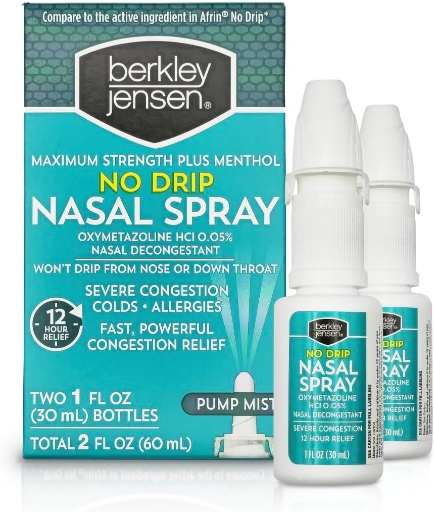 berkley jensen No Drip Severe Congestion Nasal Spray - Maximum Strength Decongestant with Oxymetazoline HCl &amp; Menthol - Pump Mist Applicator, No Steroid, 12 Hour Relief, 1 Fluid Ounce (Pack of 2)