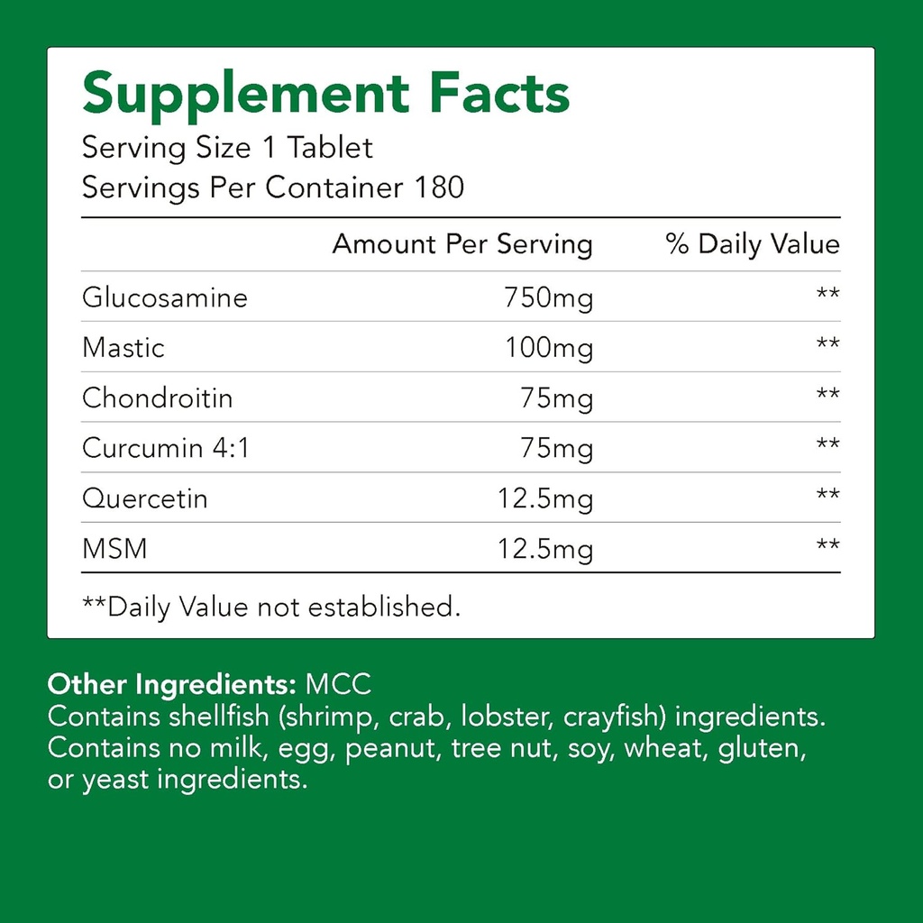 Glucosamina Premium + Chondriotina + MSM + Mastic + Curcumin (750mg) Silencio Bone " Joint Health (1 Bottle-180 Capsules-6mo Supply) ← Vitamin for Joint Support ← Non-GMO " Gluten Free