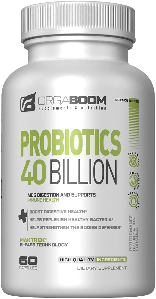 Probiótico 40 Billones CFU 4 Strains + Prebiótico - Asistencia Salud Digestiva e Inmunidad - Ayuda con estreñimiento, diarrea, ruborización - Gluten-Free, Non-GMO - Hecho en EE.UU. - 60 cápsulas