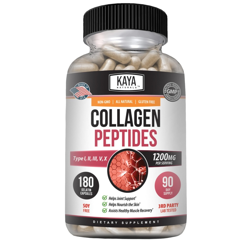 Kaya Naturals Multi Collagen Peptides Complejo Polvo para Mujeres y Hombres, Tipos I, II, III, V & X TENIDO 180 Conteo Capsules
