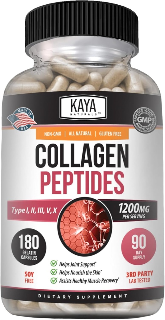 Kaya Naturals Multi Collagen Peptides Complejo Polvo para Mujeres y Hombres, Tipos I, II, III, V & X TENIDO 180 Conteo Capsules