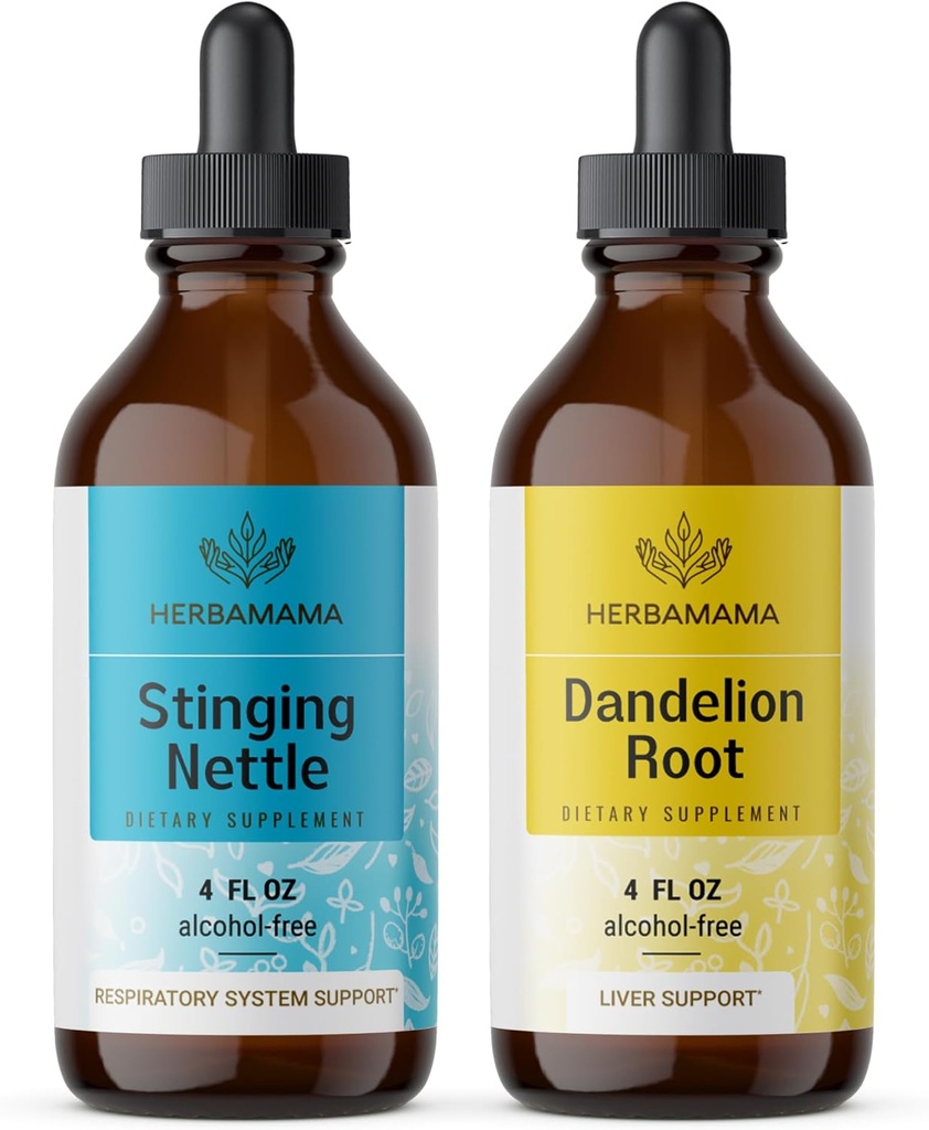 HerbAMAMA Herbal Liquid Drops Kit - Bundle of Stinging Nettle & Dandelion Root Tincture 4 fl oz - Vegan, Non-GMO, Sugar &amp; Alcohol-Free - 2 Pack