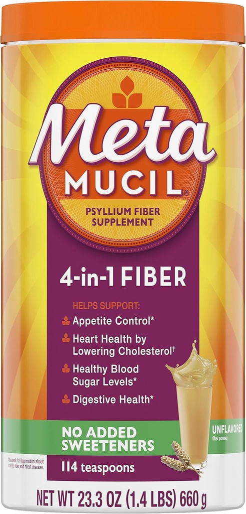 Metamucil Fiber, 4-en-1 Psyllium Fiber Supplement, Sugar Free Powder, Unflavored Drink, 114 Servings (Packaging May Vary)