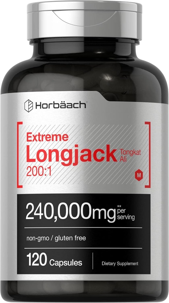 Horbäach - Longjack Tongkat Ali Silencio 240,000 mg (200:1 Potent Extract) Silencio 120 cápsulas ← Extreme Male Performance Suplemento ← Super Concentrated Herbal Extract Fórmula  Gluten Free Pills