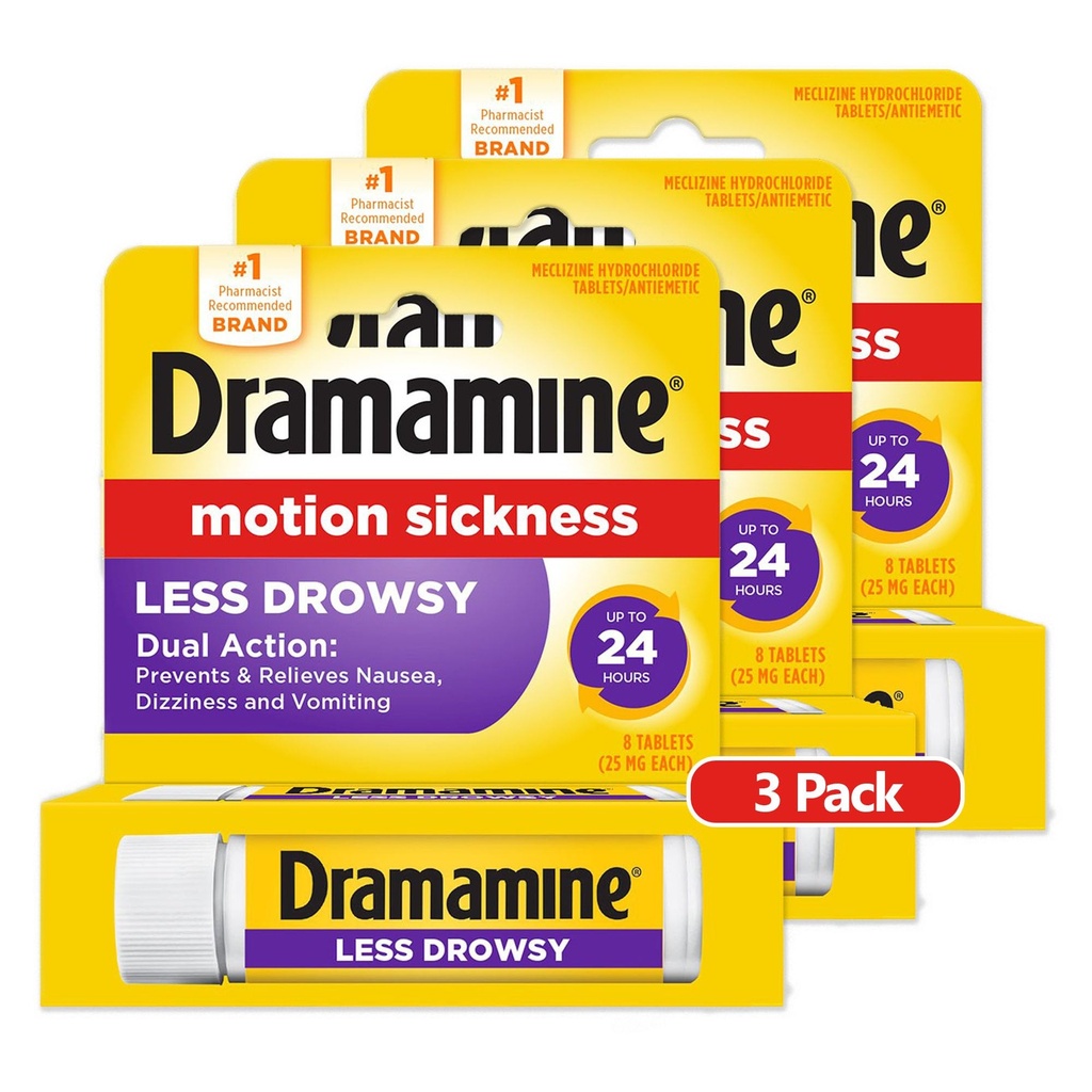 Dramamine All Day Less Drowsy, Motion Sickness Relief, 8 Count, 3 Pack