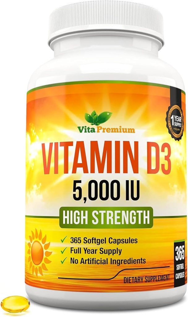 Vitamina D3 5000 UI, 365 Easy-Swallow Softgels, High Strength Vitamin D 5000 Suplemento UI - Suministro de año completo