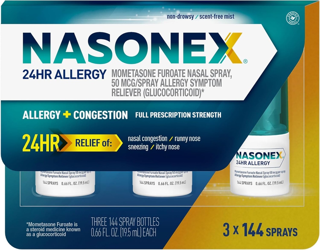 Nasonex 24HR Allergy Nasal Spray, Non-Drowsy, Scent-Free Mist,Síntomas de alergia + Congestión nasal, Full Prescription Strength, 120 Sprays (3 Pack)