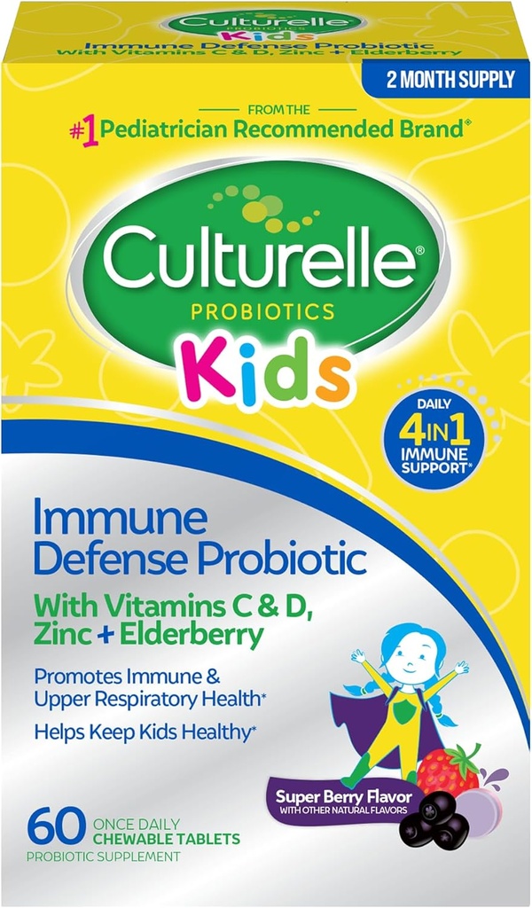 Culturelle Immune Defense Probiotic with Vitamin C, Vitamin D and Zinc + Elderberry, Non-GMO, 4-in-1 Immune Support for Kids Ages 3+*, Mixed Berry Chewables, 60 Count