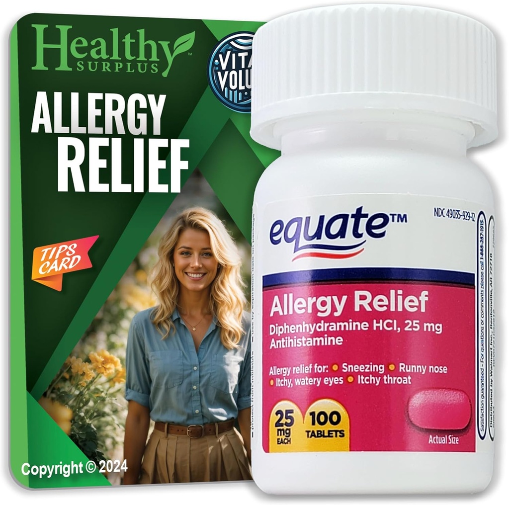 Healthy Surplus® Vital Volumes Tips Card & Equate Allergy Relief Diphenhydramine HCL, 25 mg 100 Tablets Bundle