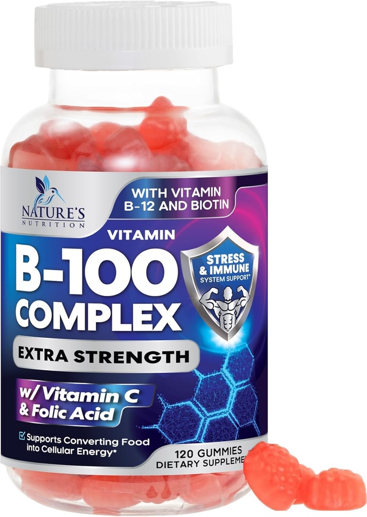 B Suplemento Complejo Gummies con ácido fólico vitamina C &amp; ácido fólico, super vitamina B de fuerza extra con niacina, B6, ácido fólico, B12, Biotina, Suplementos de apoyo energético de la naturaleza - 120 Gummies