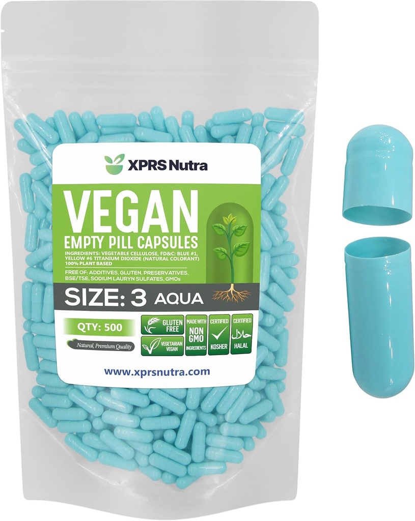 XPRS Nutra Size 3 Empty Capsules - 500 Conde Vacío Píldoras Veganas - Píldora Vegetariana - DIY Vegetable Capsule Filling- Veggie Pill Caps (Aqua)