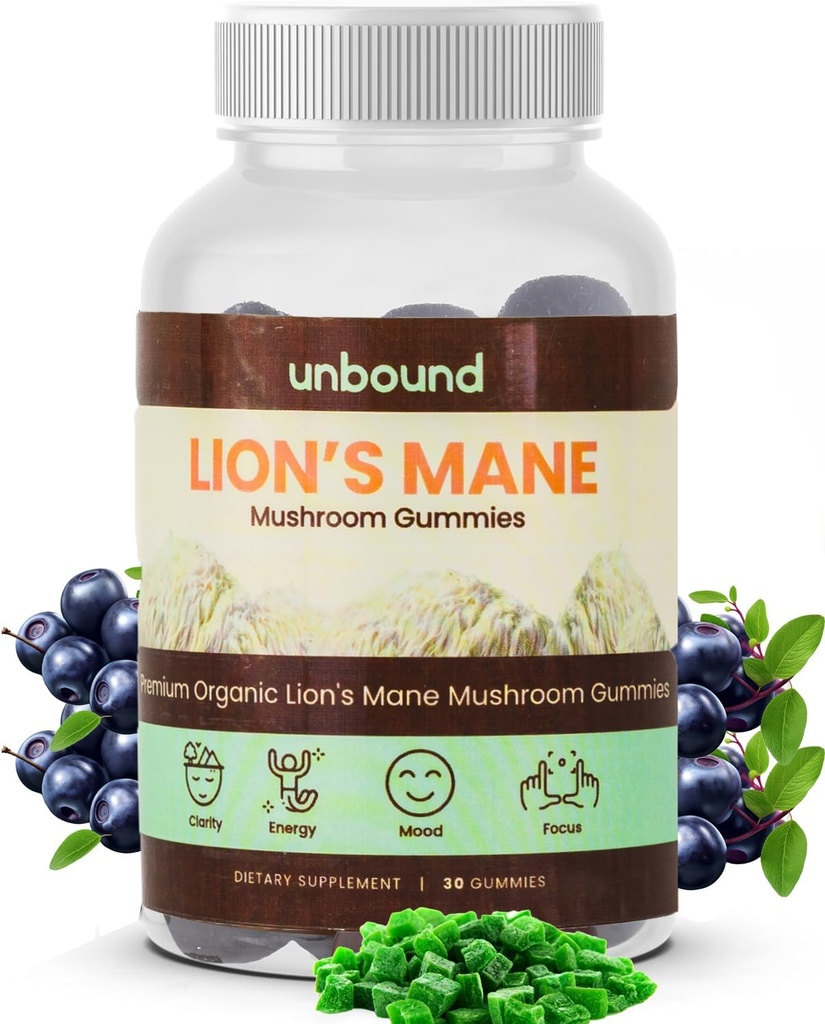 Desenmascarado Premium de León Orgánico Mane Mushroom Gummies, Blue Raz Flavored, 60 cerdas suaves