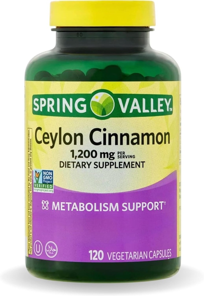 Spring Valley Ceylon Cinnamon Capsules 1200 mg Capsules, Apoyo Metabolismo * 120 Conteo Silencioso Sin Gluten Píldoras (Pack of 1)