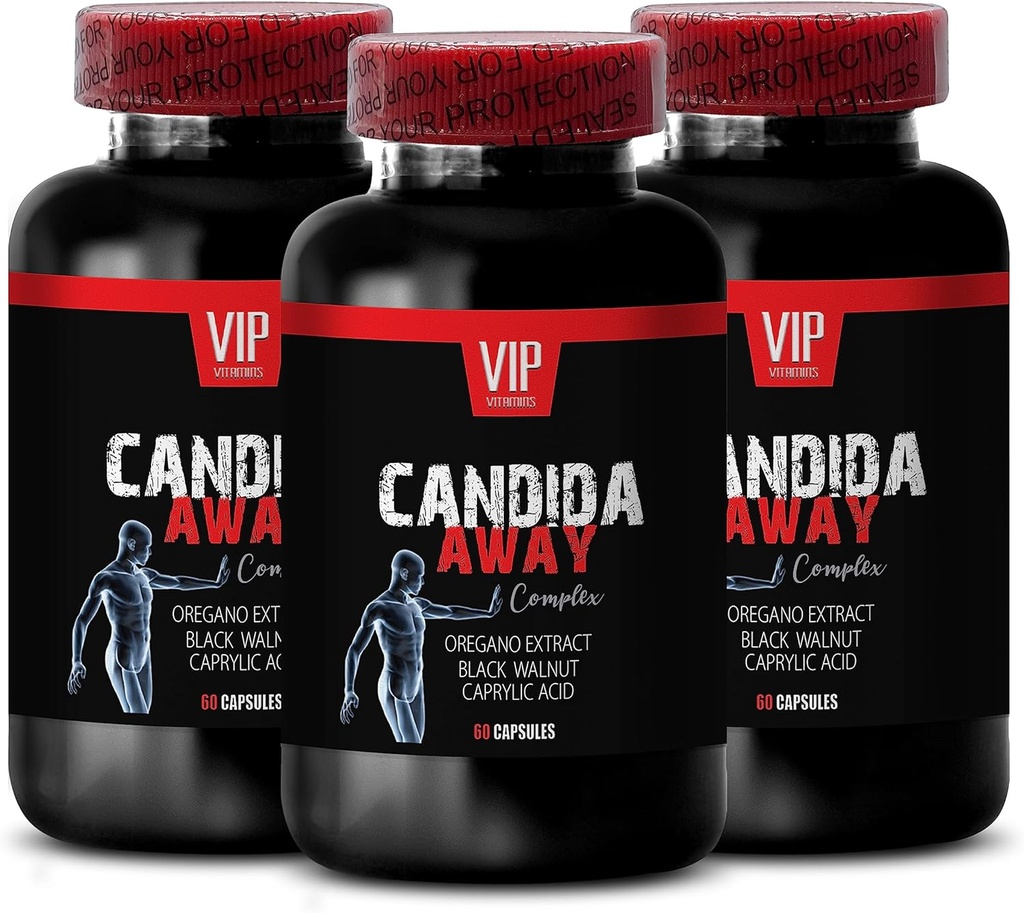extracto de nogal negro, complejo de flora intestinal proceso estándar - CANDIDA AWAY COMPLEX - extracto de hoja de aloe vera, ácido caprílico, impulsor inmunitario, cápsulas de aceite de orégano súper orgánica - 3 Bot 180 Caps