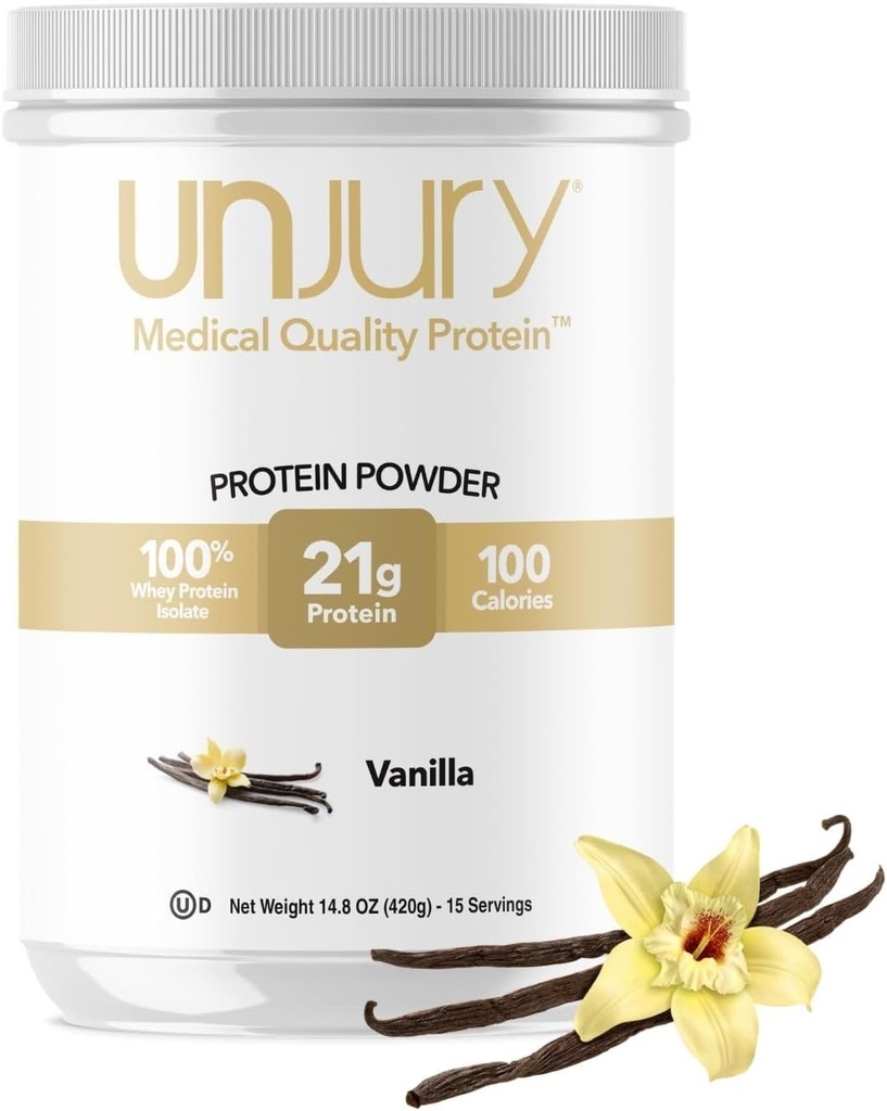 Unjury Whey Protein Powder ← Vanilla ← 21g 100% Whey Isolate Protein Powder ← Low Carb and Lactose Free ← Gluten Free ← Certified Kosher