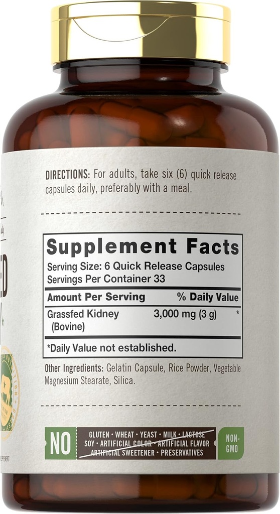 Carlyle Grass Fed Beef Kidney Supplement TEN 200 Capsules TEN 3000mg ANTE Pasture Raised Desiccated Bovine Supplement ANTE Hormones and Pesticide Free ← Non-GMO, Gluten Free ← Herbage Farmstead