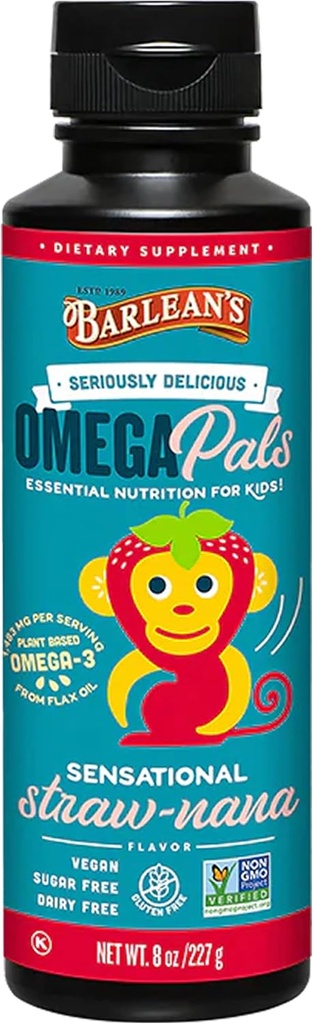 Omega Pals Omega 3 de Barlean para niños, Yummy Straw-Nana Flavored Children's Liquid Flax Seed Oil Supplement with 1,483 mg ALA, Non-GMO, Vegan Brain and Eye Health, 8 oz
