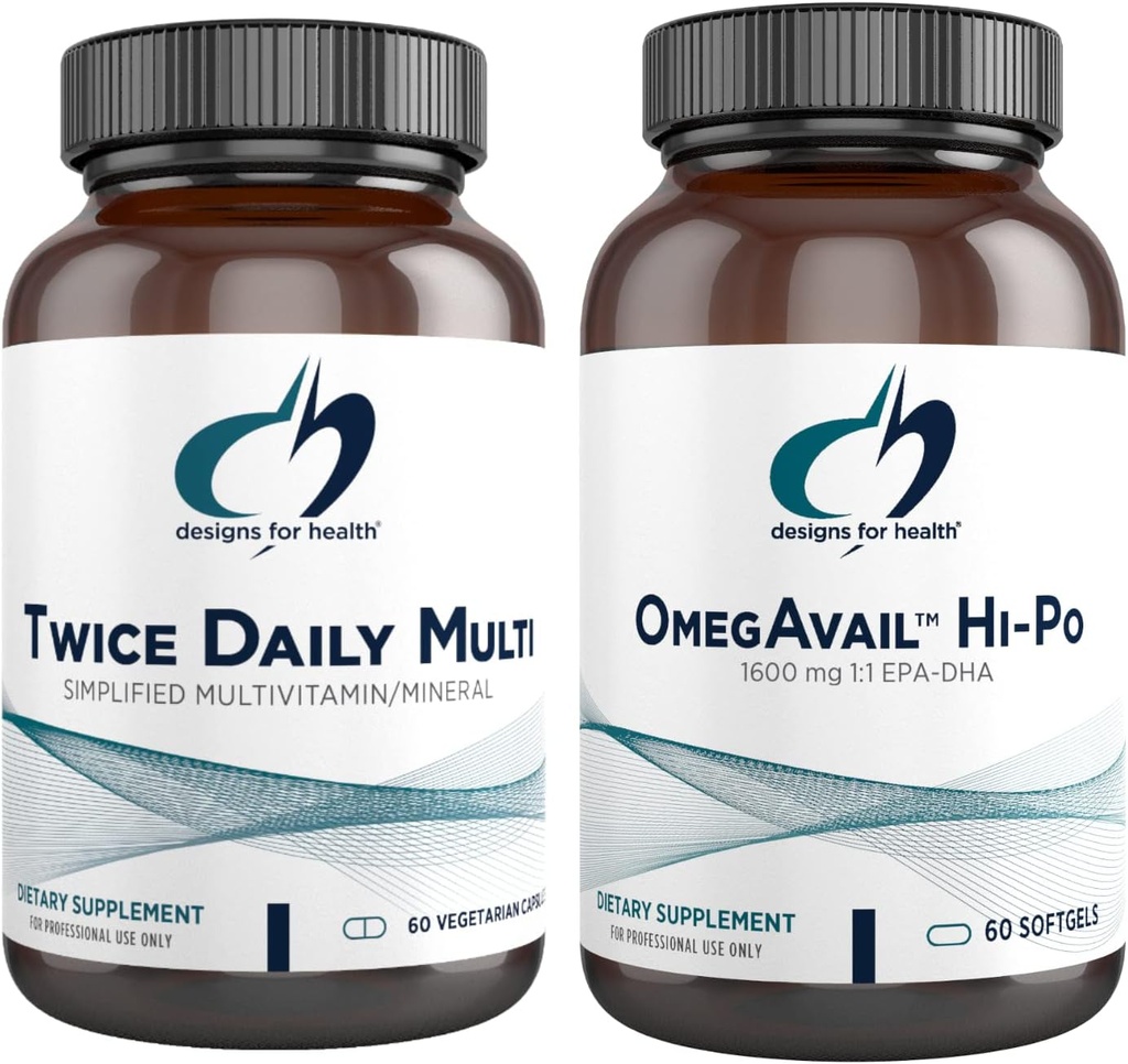 Diseños para Aceite de Pescado de Salud + Bundle Multivitamínico - OmegAvail Hi-Po (60 Softgels) EPA DHA TG Omega-3 con Twice Daily Multi (60 cápsulas) Premium Multivitamin/Mineral con vitaminas de B Activo