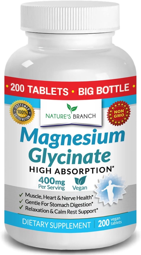 Glycinate de magnesio 400 mg - 200 Tabletas - Absorción alta, suplemento mag bisglicinado no amortiguado para el sueño, calambres, corazón, musculos de grasa, dolores de cabeza calma para mujeres y hombres, cápsulas de no polvo
