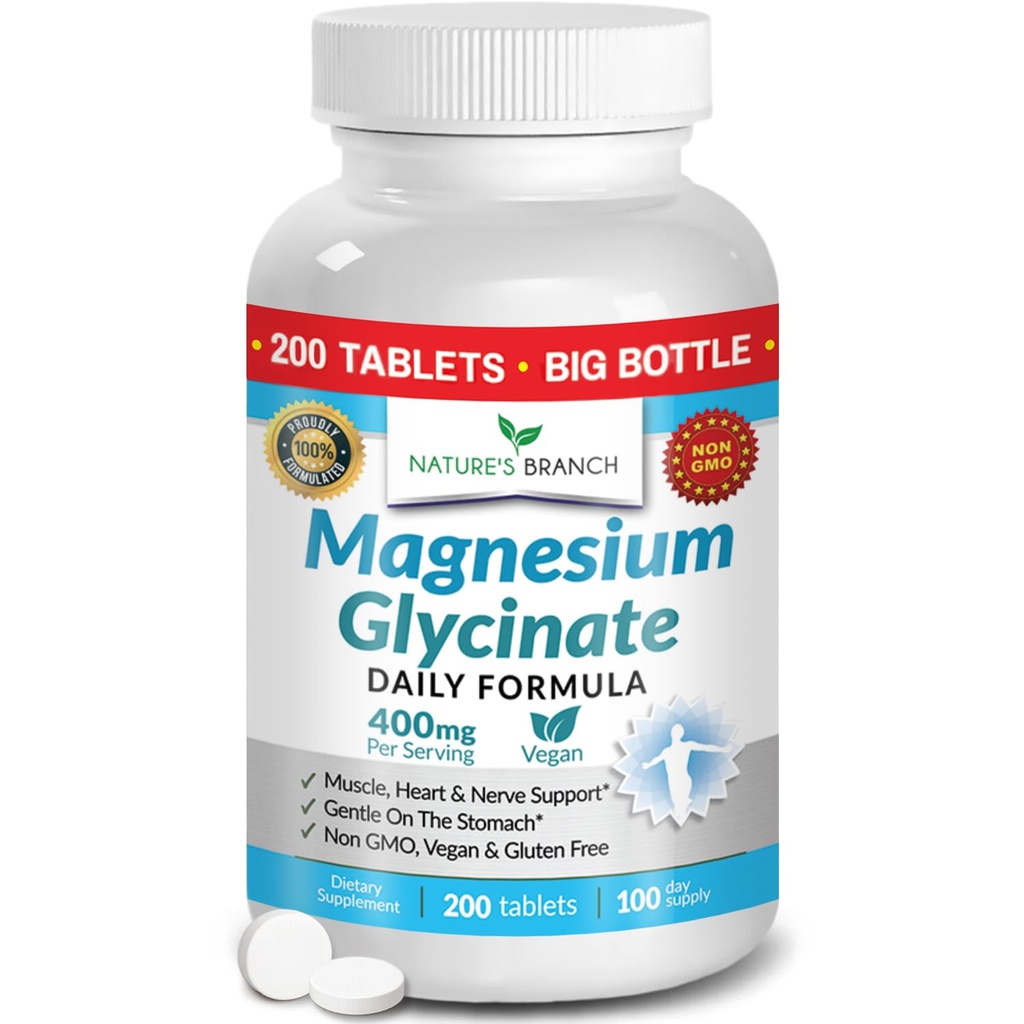Glycinate de magnesio 400 mg - 200 Tabletas - Absorción alta, suplemento mag bisglicinado no amortiguado para el sueño, calambres, corazón, musculos de grasa, dolores de cabeza calma para mujeres y hombres, cápsulas de no polvo